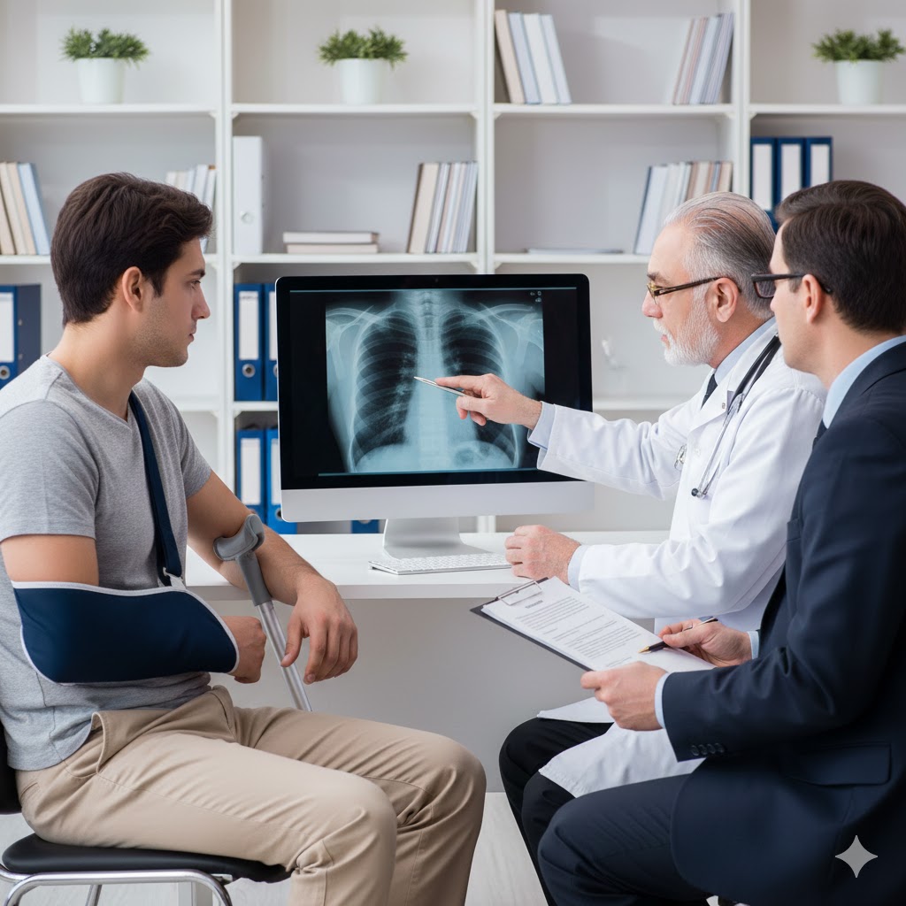 Médico analisando exames de raio-X de paciente com lesão no braço e muletas, representando a perícia médica para concessão de Benefícios por Incapacidade e Auxílio-Doença no INSS.