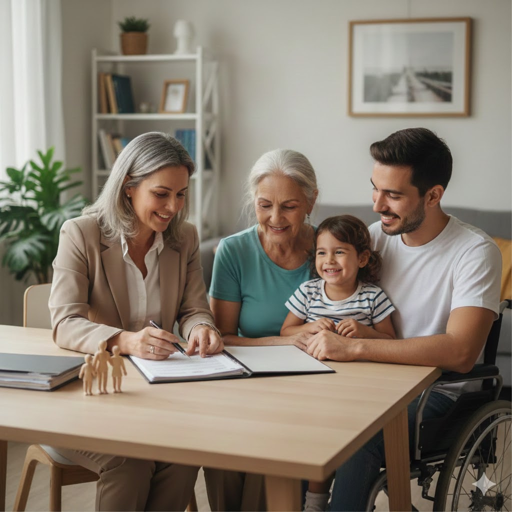 Representação visual do BPC/LOAS (Benefício de Prestação Continuada da Lei Orgânica da Assistência Social). A imagem mostra figuras de família (idoso, adulto e criança com deficiência), uma balança de justiça e um martelo de juiz, simbolizando a busca por direitos assistenciais e requisitos de baixa renda.