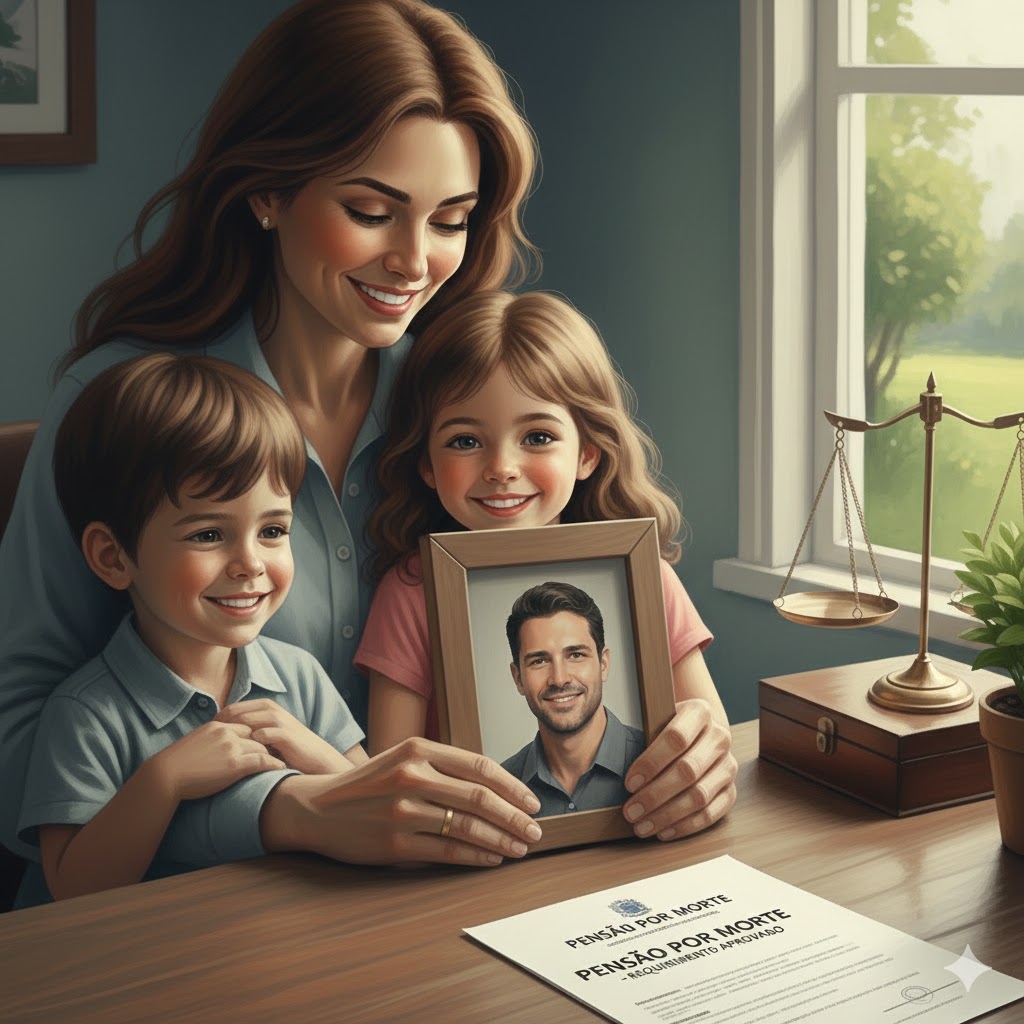 Mãe abraçando dois filhos sorridentes, segurando uma foto do pai falecido e um documento de 'Pensão por Morte - Requerimento Aprovado'. A imagem simboliza a segurança e o apoio familiar após a aprovação do benefício previdenciário.
