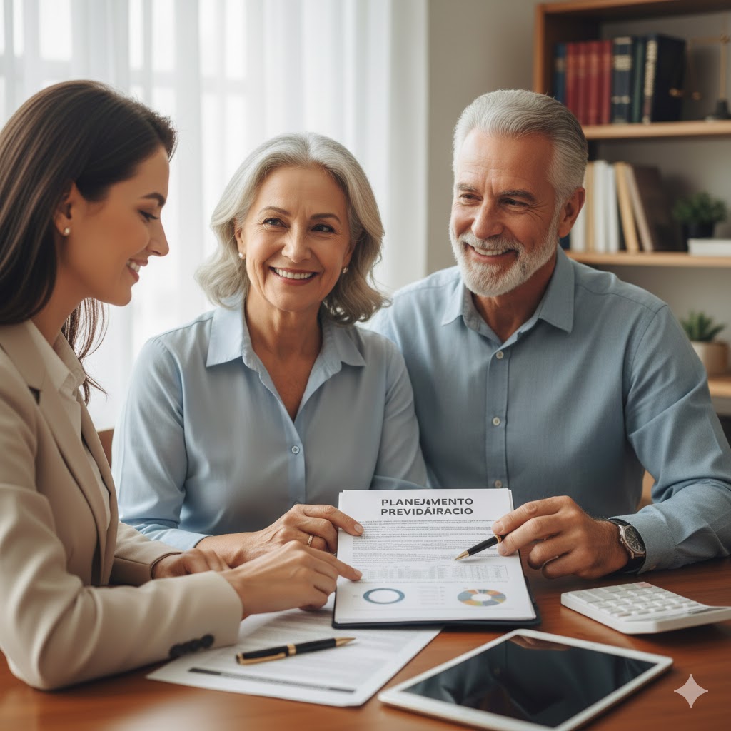 Advogada previdenciária auxiliando um casal de idosos em uma consulta sobre Aposentadoria. Mesa com documentos e papéis, representando o Planejamento Previdenciário, análise do CNIS e simulação de aposentadoria por idade e tempo de contribuição.