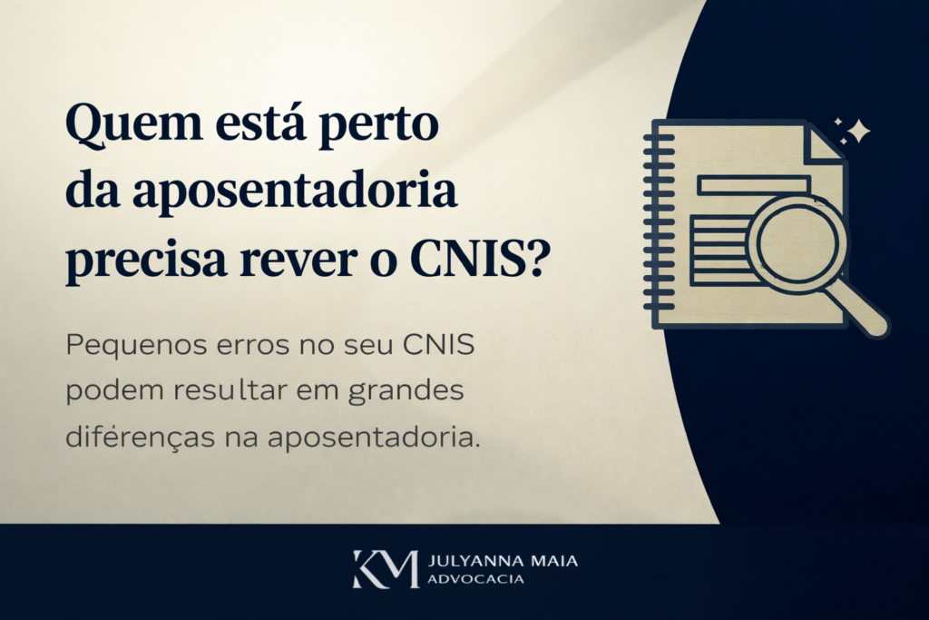 Ilustração sobre revisão do CNIS antes da aposentadoria, com ícone de documento e lupa, destacando a importância de analisar o histórico contributivo para evitar erros no cálculo do benefício.