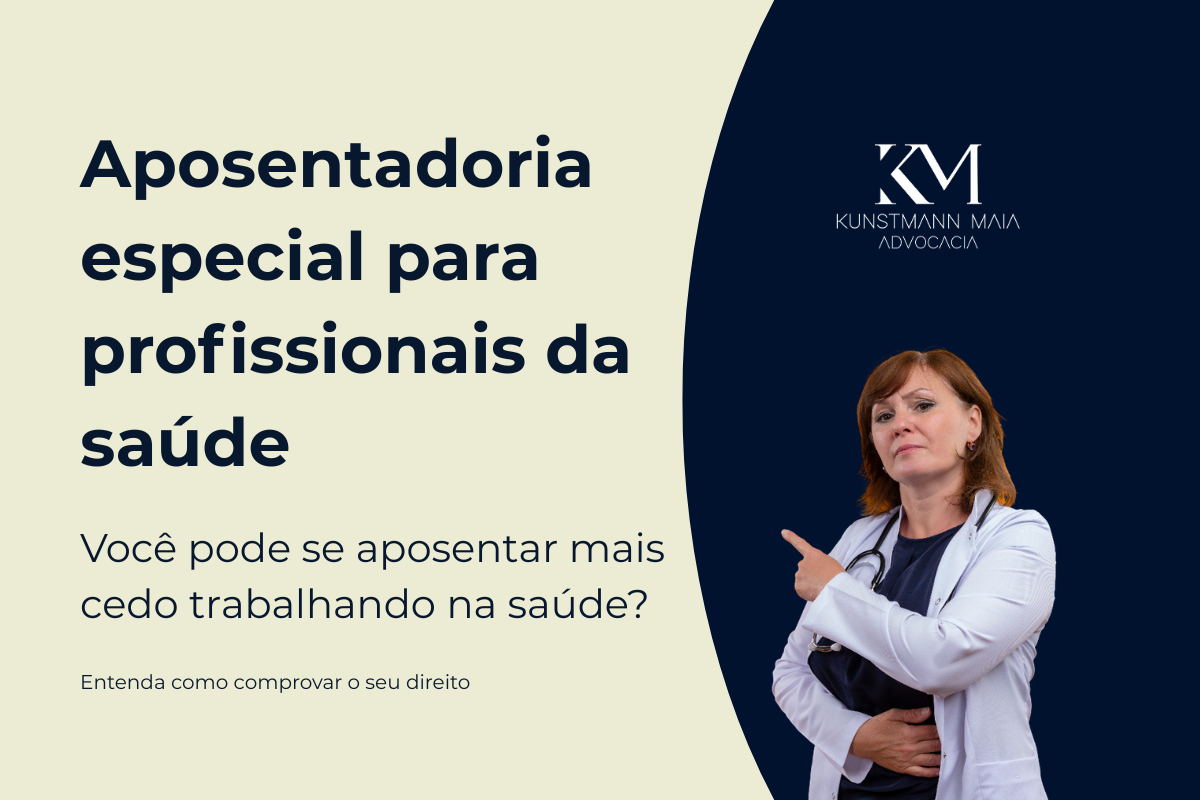 Imagem institucional sobre aposentadoria especial para profissionais da saúde mostrando médica apontando para o título informativo sobre aposentadoria antecipada pelo INSS.
