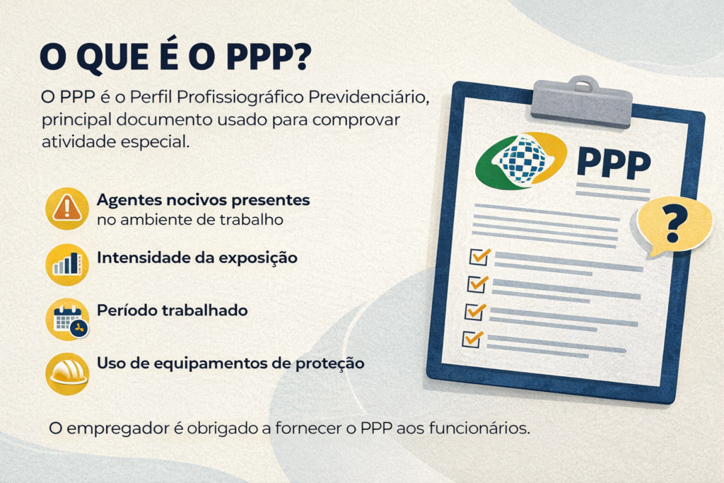 Infográfico explicativo sobre o PPP (Perfil Profissiográfico Previdenciário), documento utilizado para comprovar atividade especial no INSS.