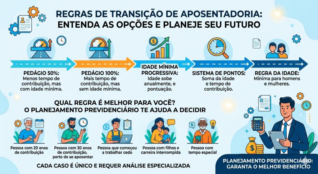 Infográfico com título: "REGRAS DE TRANSIÇÃO DE APOSENTADORIA: ENTENDA AS OPÇÕES E PLANEJE SEU FUTURO". O gráfico mostra 5 caminhos: Pedágio 50%, Pedágio 100%, Idade Mínima Progressiva, Sistema de Pontos, Regra da Idade. Abaixo, o texto "QUAL REGRA É MELHOR PARA VOCÊ? O PLANEJAMENTO PREVIDENCIÁRIO TE AJUDA A DECIDIR". Ilustrações de 5 casos: pessoa com 20 anos de contribuição, perto de se aposentar, começou a trabalhar cedo, com filhos/carreira interrompida, com tempo especial. Texto final: "CADA CASO É ÚNICO E REQUER ANÁLISE ESPECIALIZADA. PLANEJAMENTO PREVIDENCIÁRIO: GARANTA O MELHOR BENEFÍCIO". Ilustração de consultor com tablet e calculadora.
