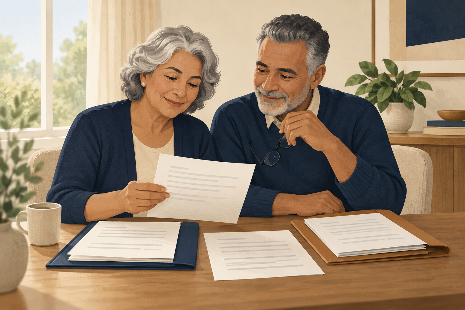Ilustração de casal de idosos examinando documentos sobre uma mesa.